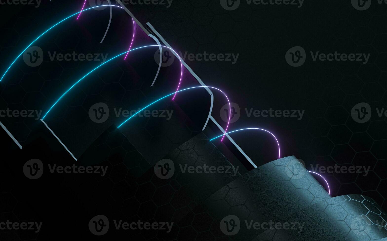 Dark tunnel with neon glowing lines, 3d rendering. photo