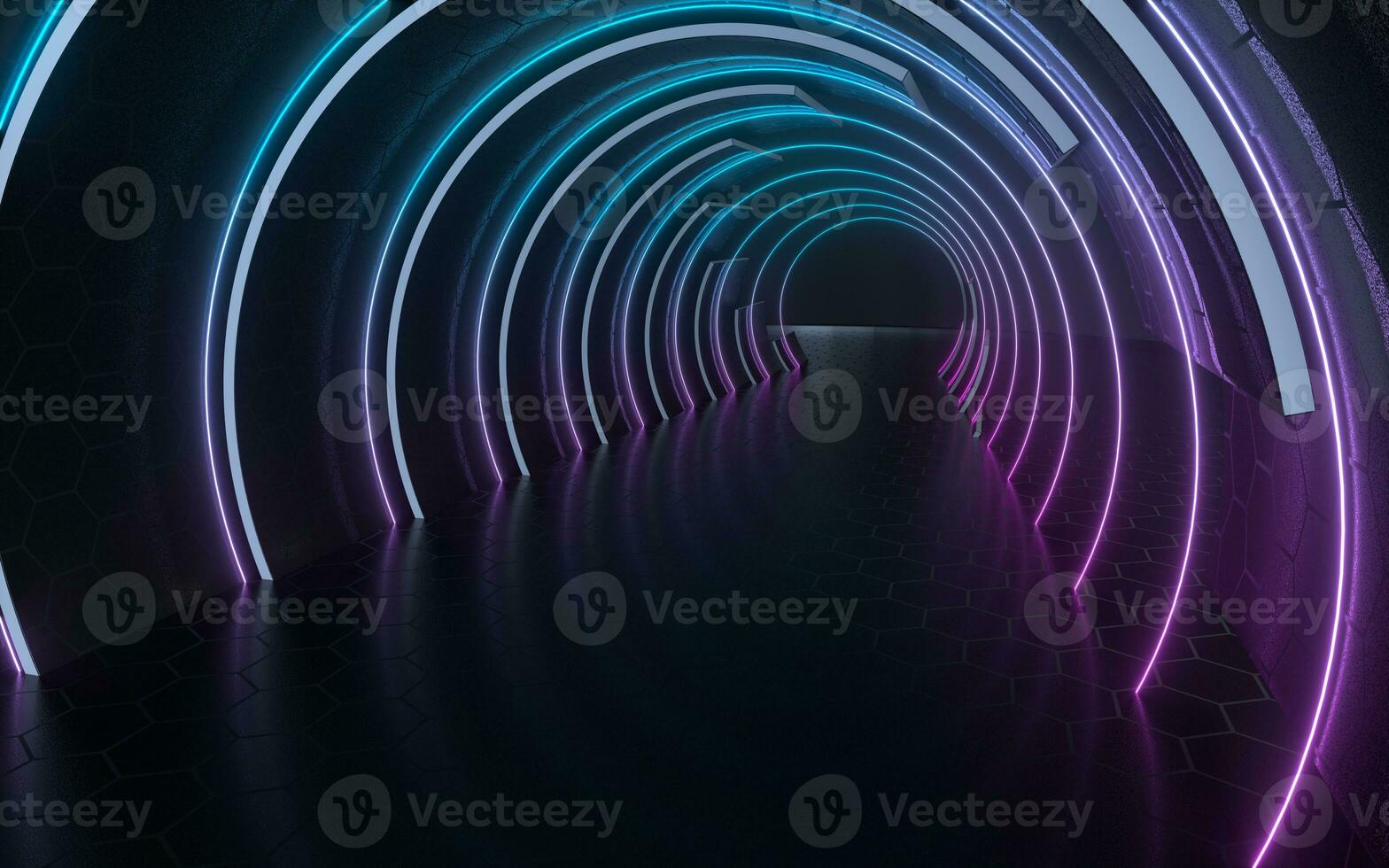 Dark tunnel with neon glowing lines, 3d rendering. photo