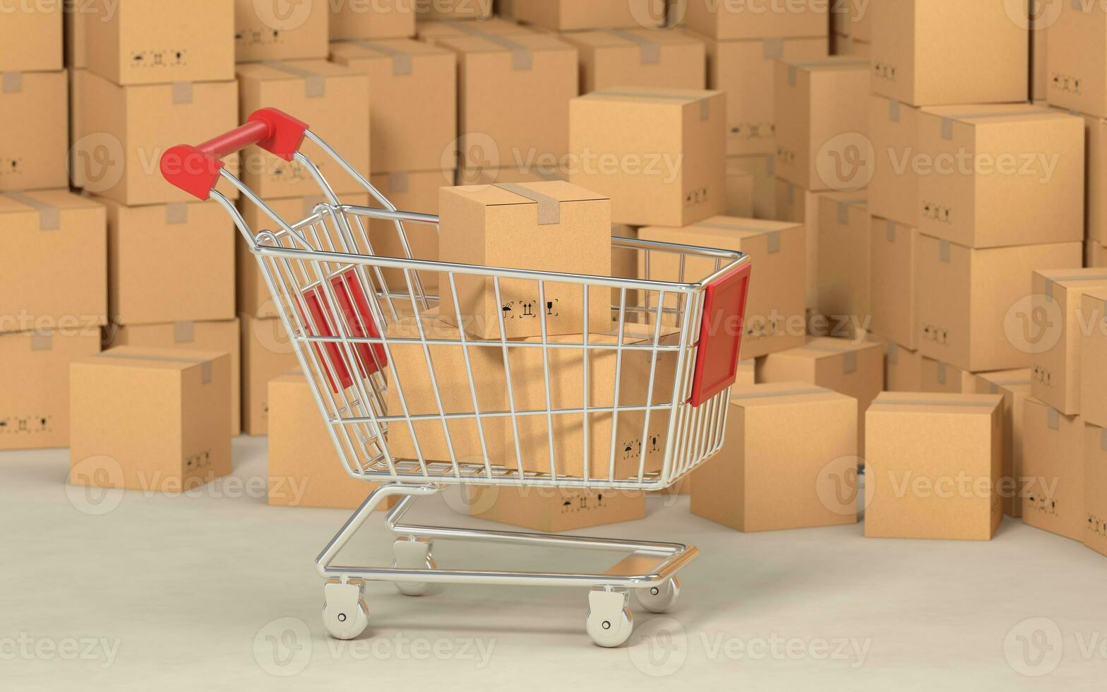 Shopping cart with cardboard boxes inside, 3d rendering. photo