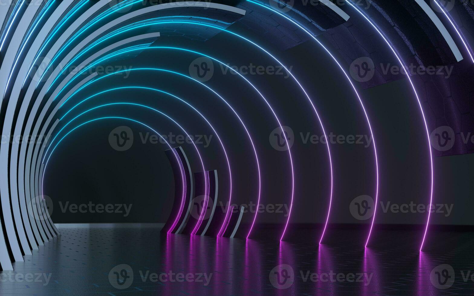 Dark tunnel with neon glowing lines, 3d rendering. photo