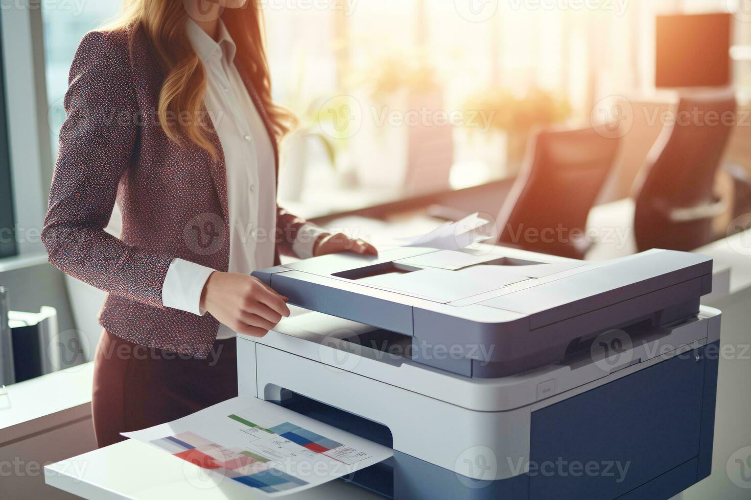 Office worker print paper on multifunction laser printer. Document and paperwork. Secretary work. Woman working in business office. Copy, print, scan, and fax machine. Print technology. Generative AI. photo