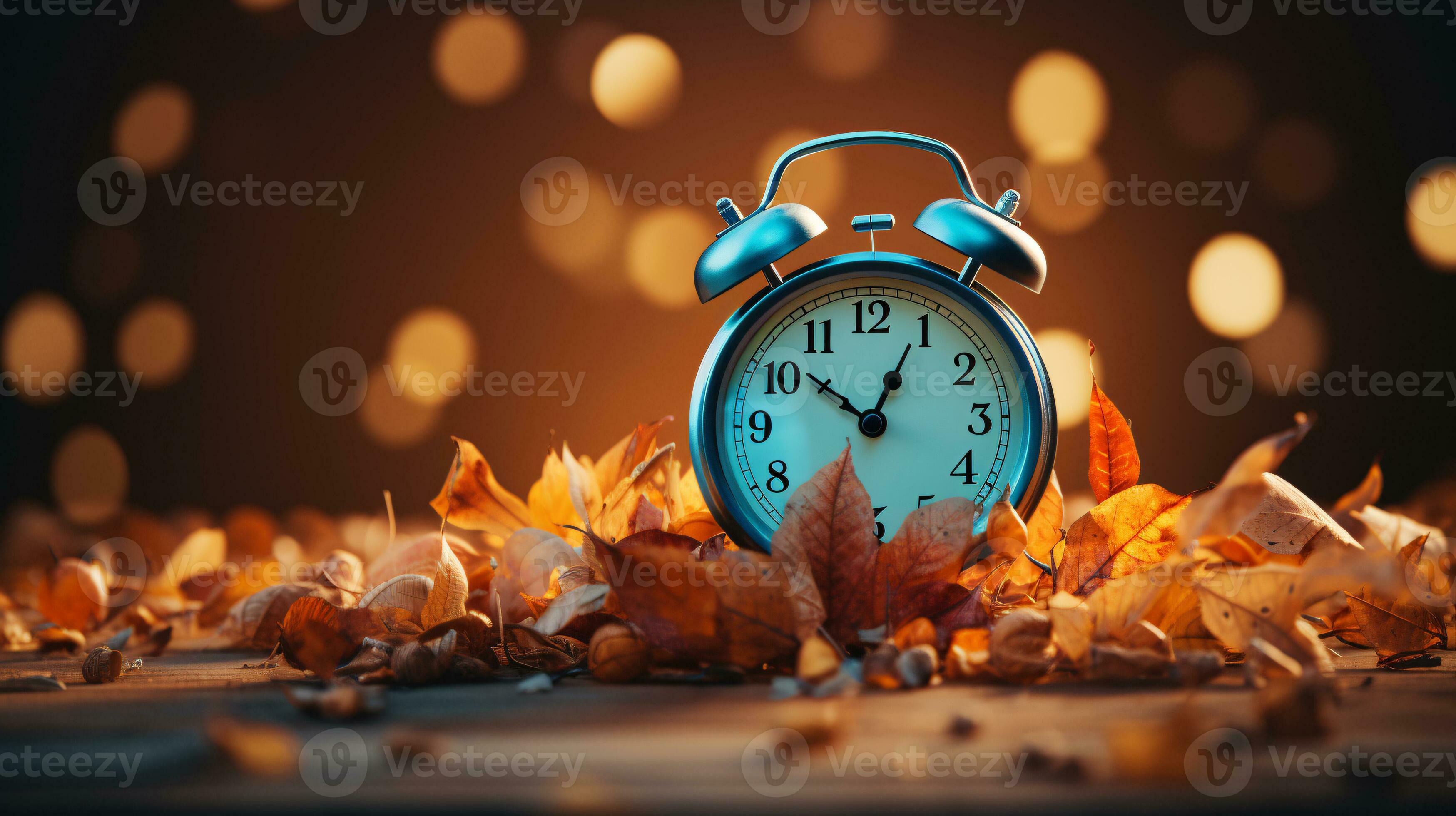 Daylight Saving Time. Alarm clock and orange color leaves on wooden