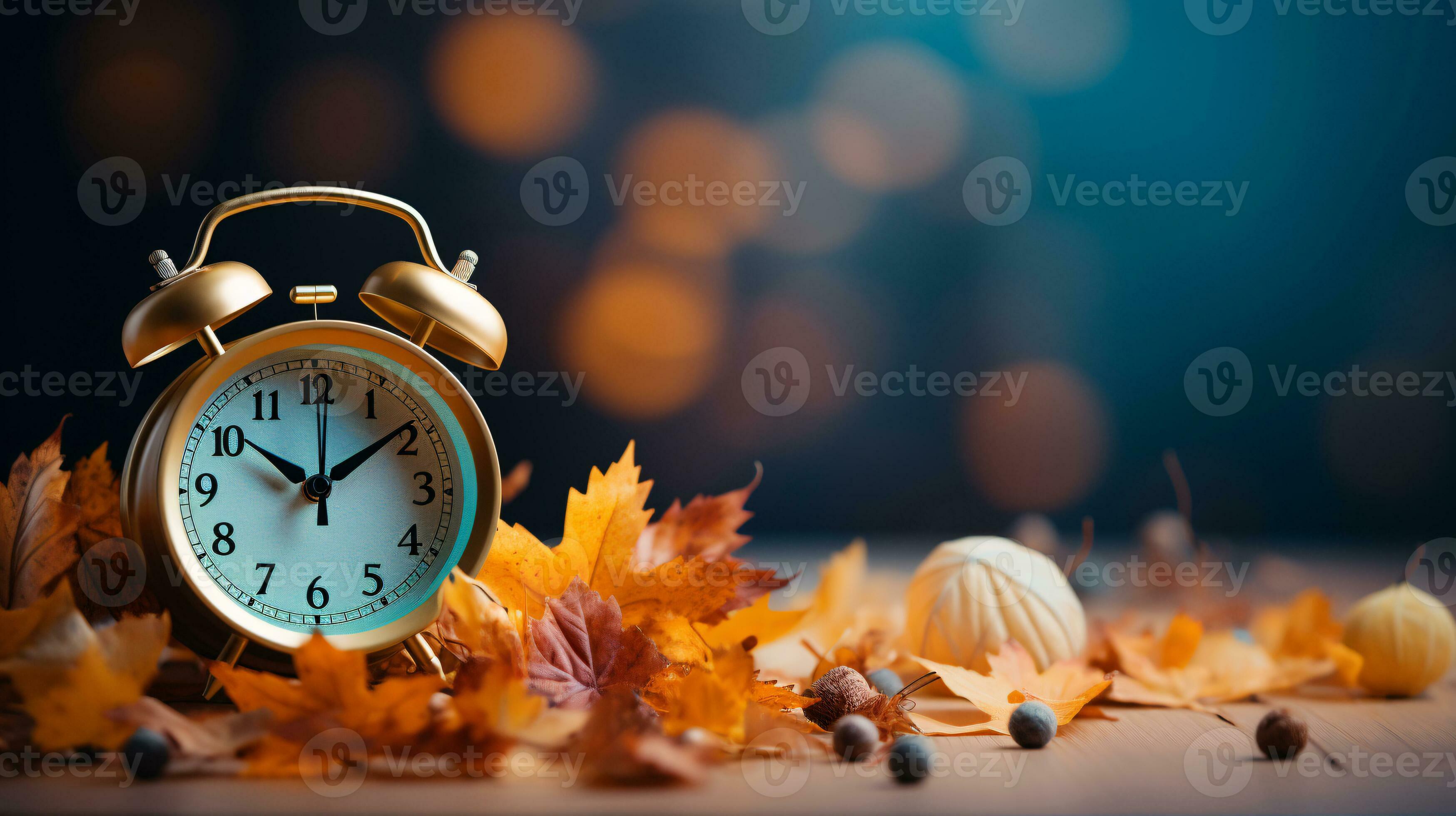 Daylight Saving Time. Alarm clock and orange color leaves on wooden