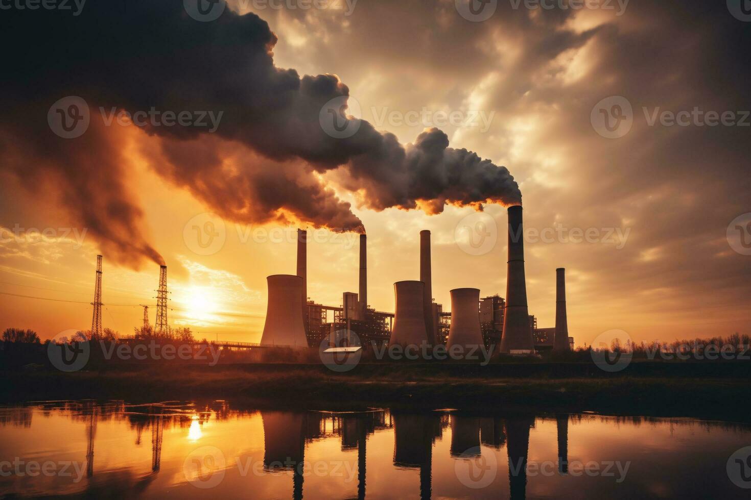 Industrial factory tall smokestacks released smoky emissions from smoke pipes. CO2 greenhouse gas, deteriorating air quality, air pollution, and climate change. Carbon dioxide gas. Generative AI. photo