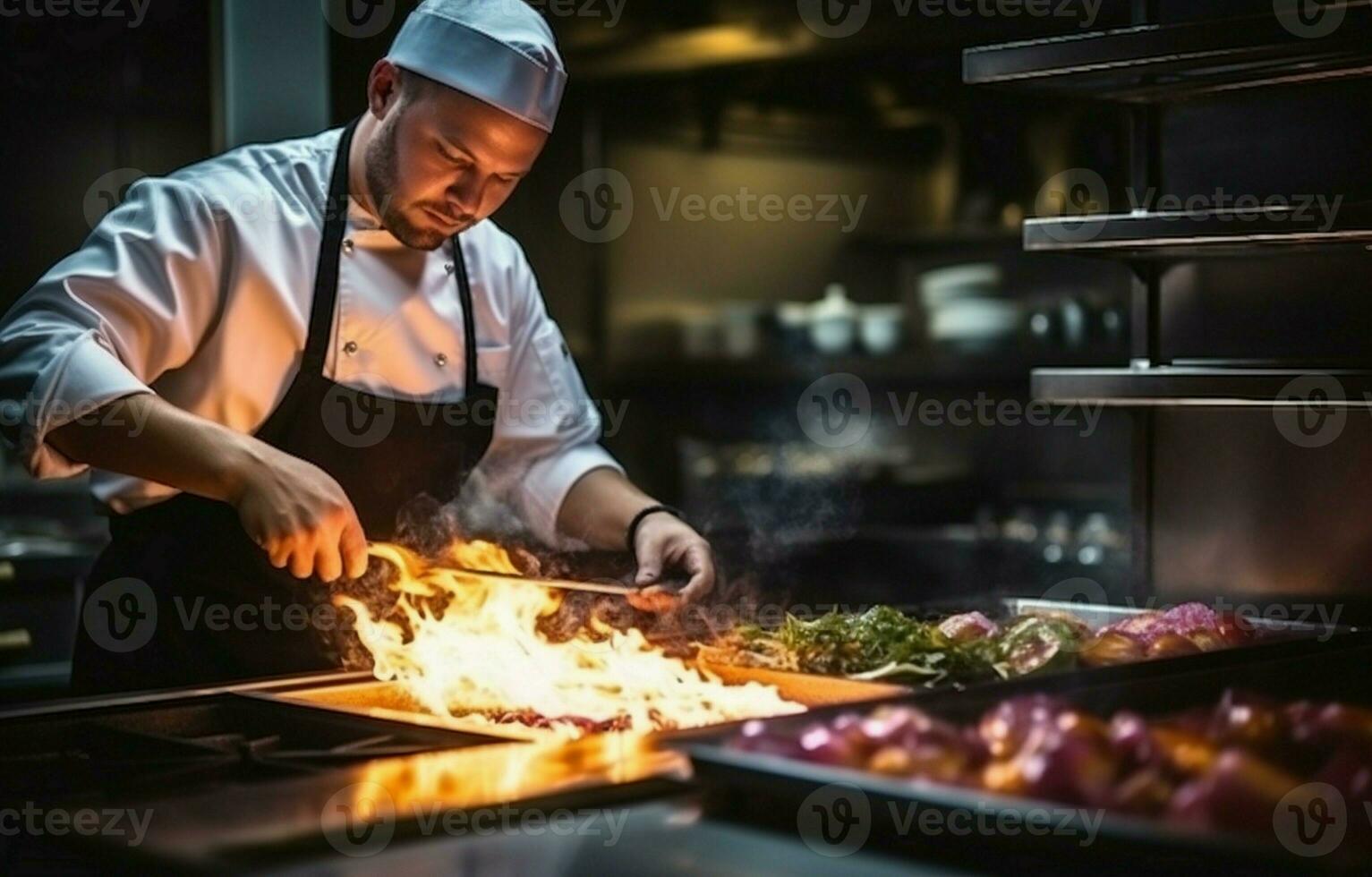 In the open kitchen of the restaurant, a skilled chef is preparing a delicious flambeed salmon filet. photo