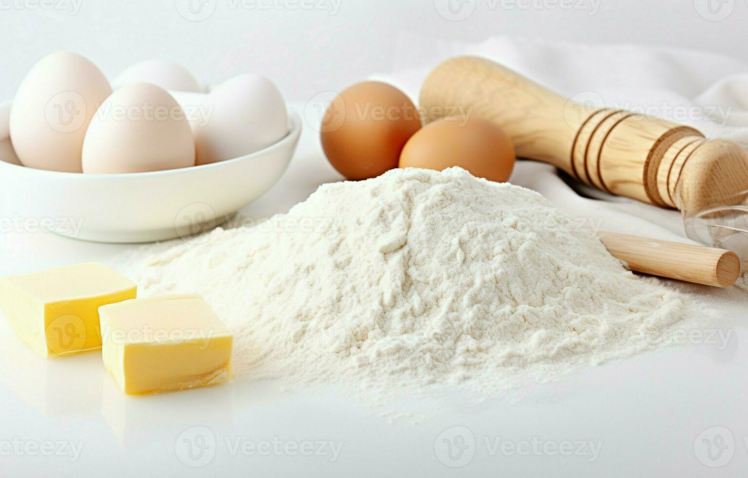 Baking ingredients including dough, eggs, flour, sugar, and butter with a rolling pin on a white kitchen background. photo