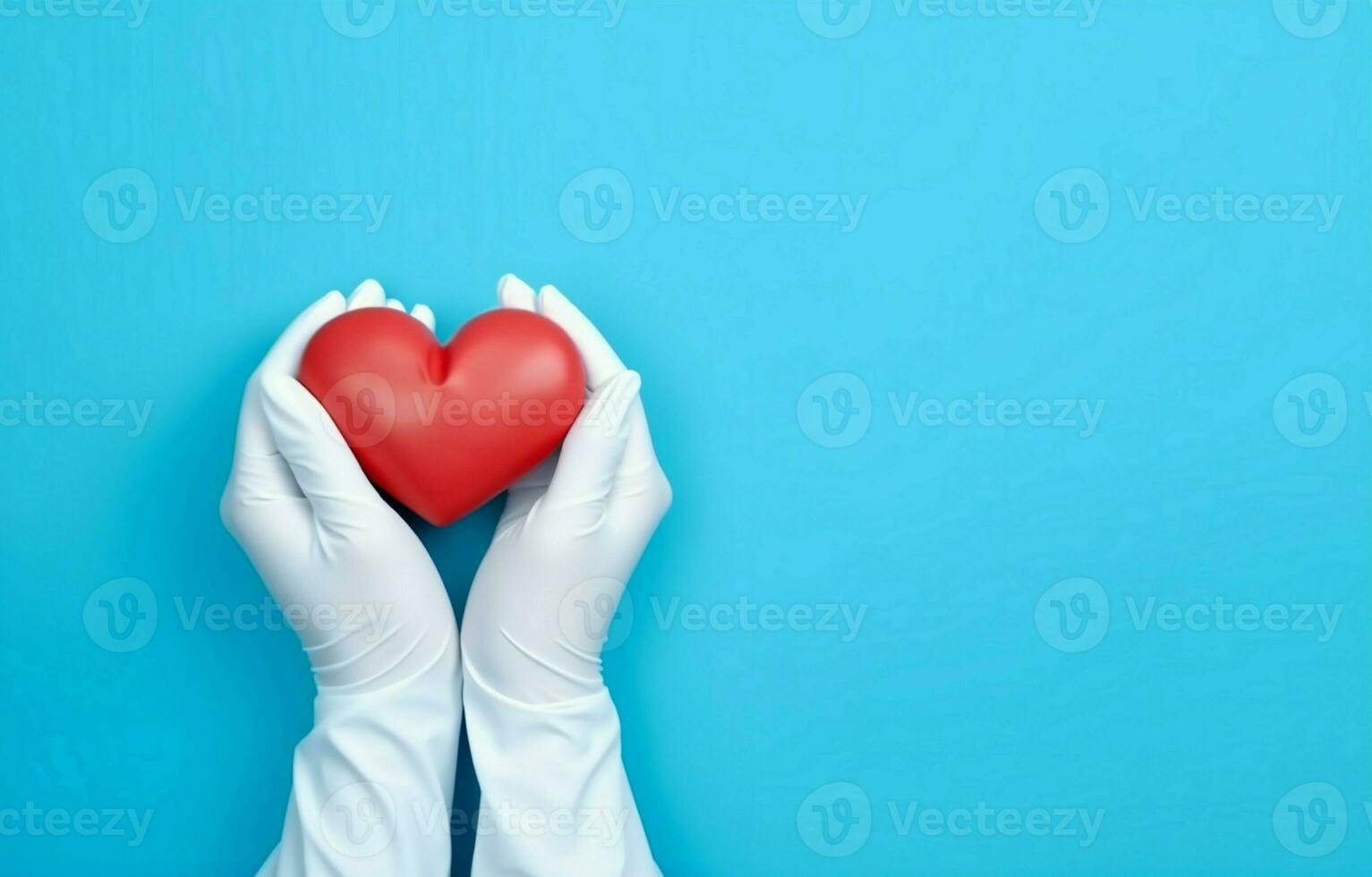 Doctor's hands in medical gloves in the shape of a heart on a blue background. Banner for a website with copy space. photo