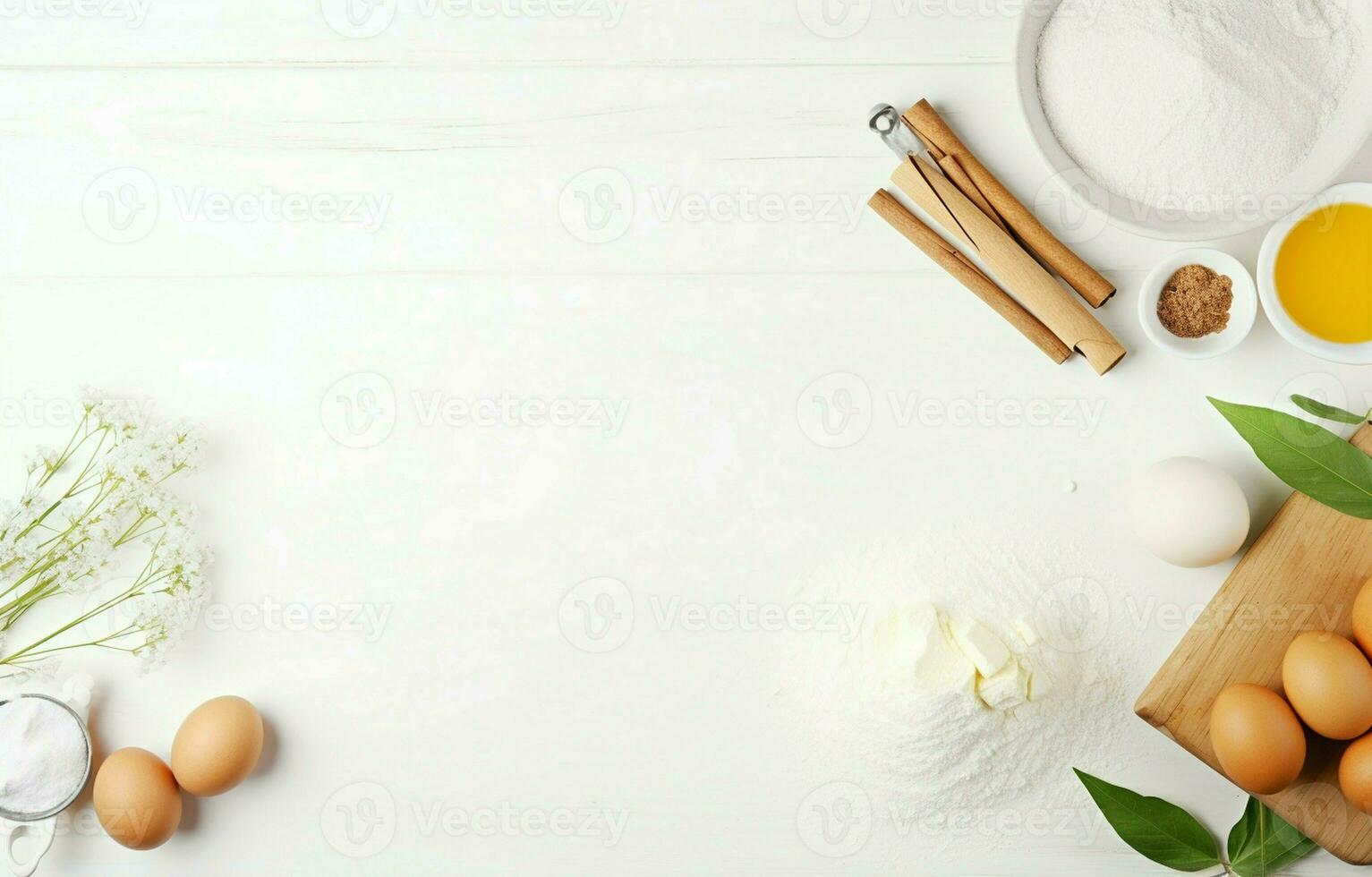 Baking background. Cooking ingredients for dough, eggs, flour, sugar, butter, rolling pin on white style kitchen photo