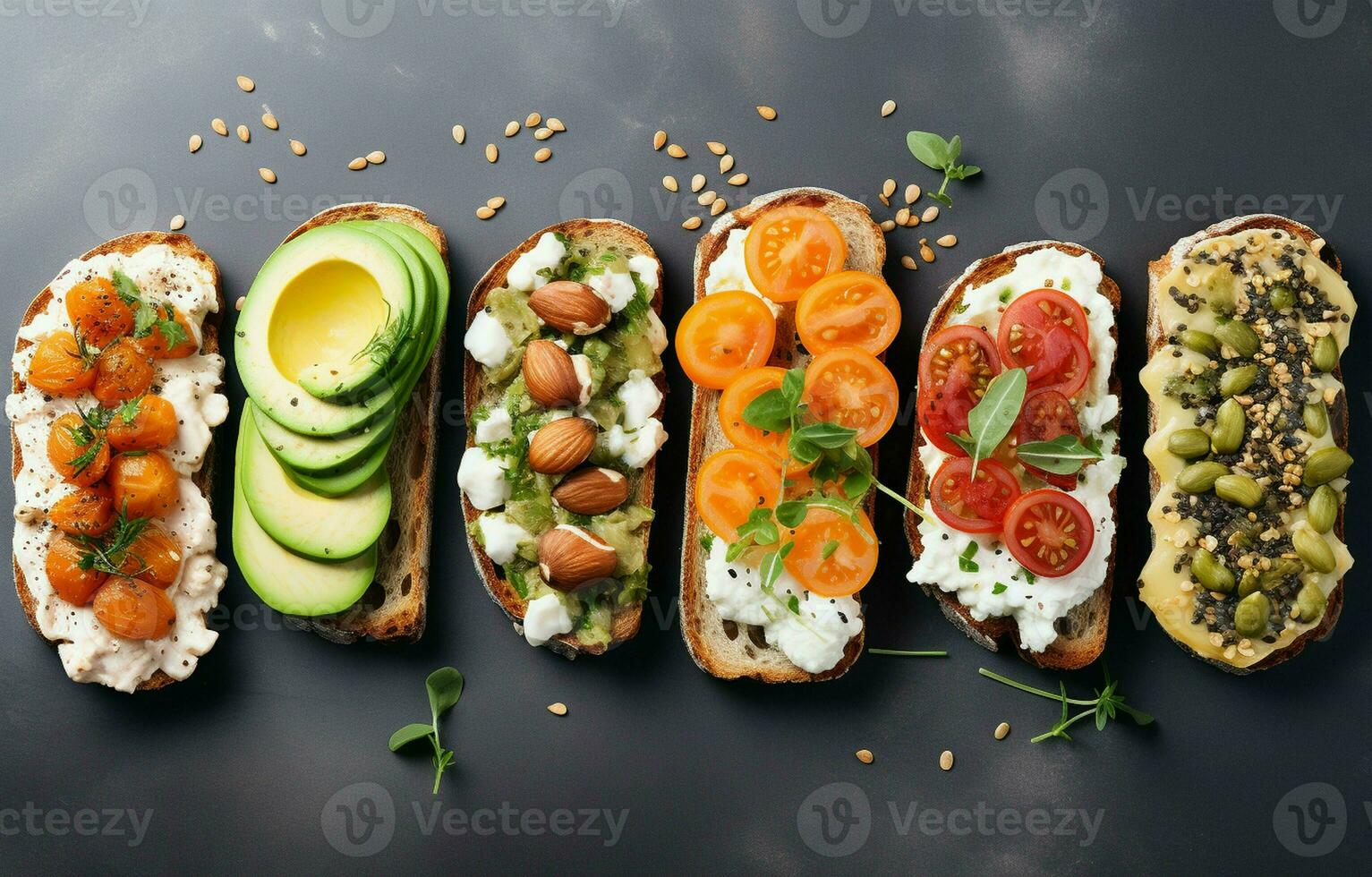 Superfood protein toast with delicious toppings on top avocado, salmon, eggs, vegetables, tomatoes, herbs, and cream cheese on a marble surface. Long wide banner with copy space. photo