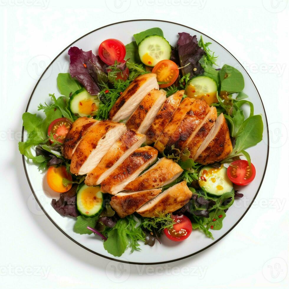 Healthy keto lunch concept Chicken fillet with salad, top view on white background. photo