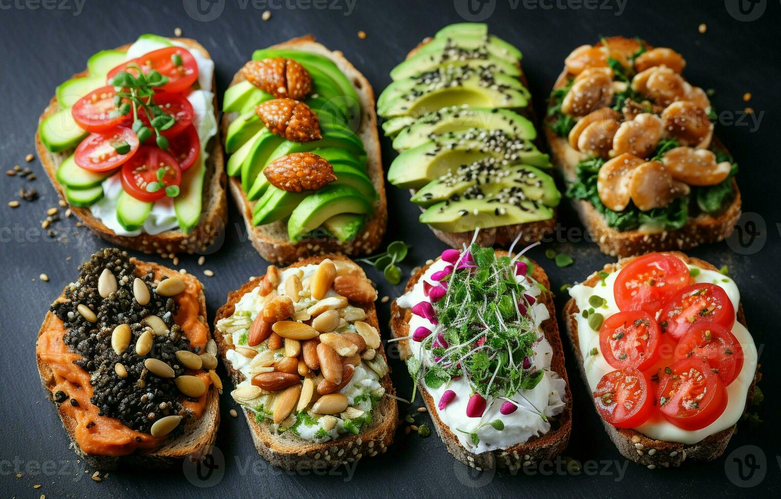 Enjoy a healthy protein toast topped with avocado, salmon, eggs, vegetables, tomatoes, herbs, pine nuts, sunflower seeds, and cream cheese, all on a bed of marble. photo