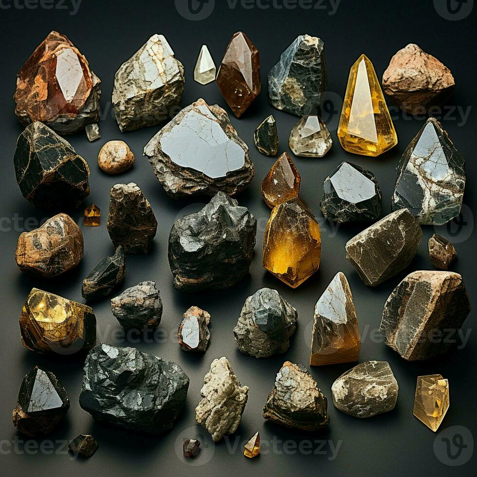 gold, silver, rough diamonds, bauxite, hematite, pyrolusite, galena, pyrite, chromite, lepidolite, and chalcopyrite. Collection of stones extracted in Brazil, mineralogy. photo