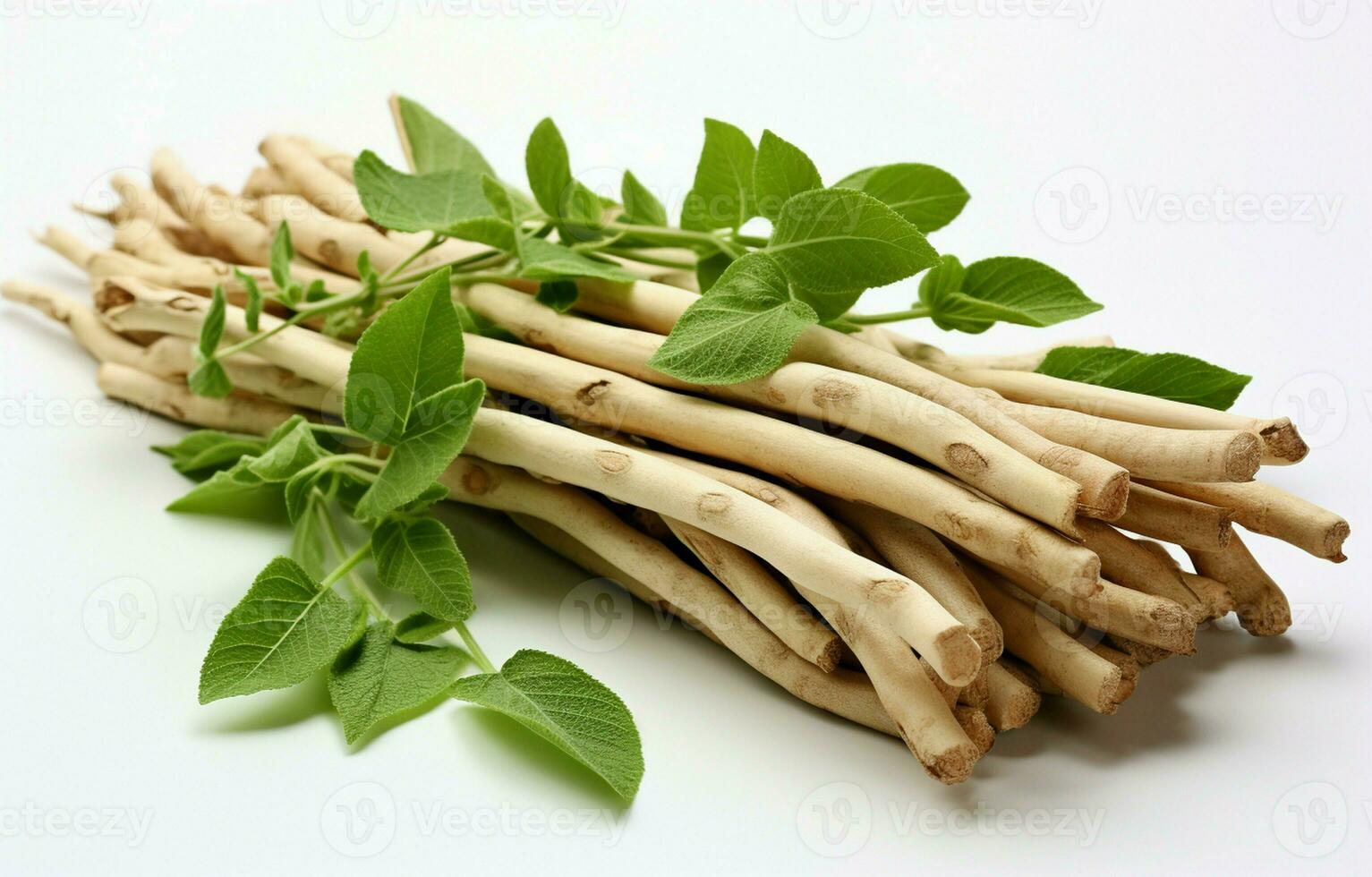 Ashwagandha, also known as Withania Somnifera, is a medicinal herb with dry roots and fresh leaves. It's also called Indian Ginseng, Poison Gooseberry, or Winter Cherry. photo