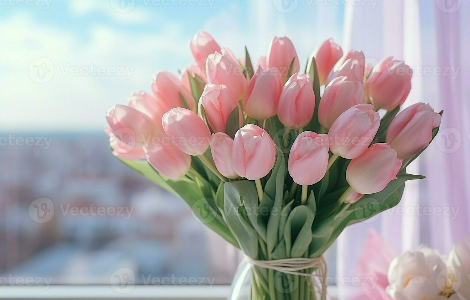 apertura un hermosa ramo de flores de rosado tulipán flores, lapso de tiempo Boda fondo, San Valentín día concepto. amar, cumpleaños diseño fondo. con un sitio para texto o imagen. foto