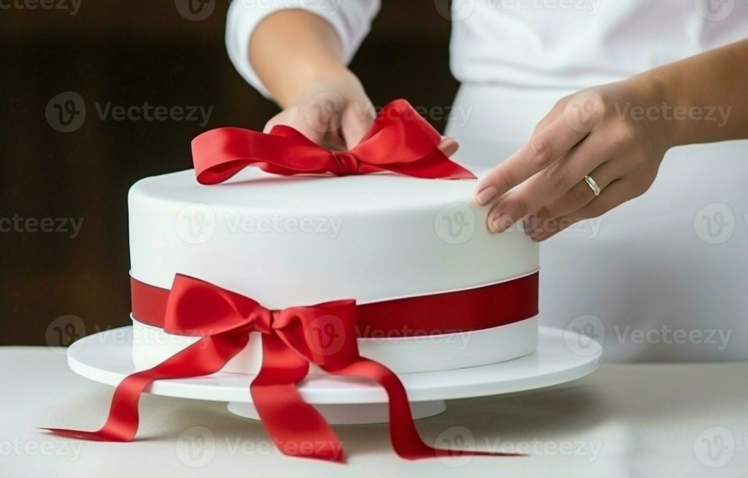 Young cook ties red ribbon on white cake packaging. photo