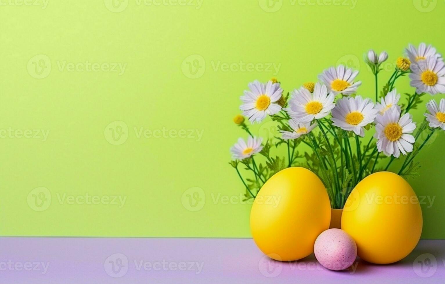 Colorful easter eggs with flowers and green grass. Easter eggs disappear on a light yellow background. photo