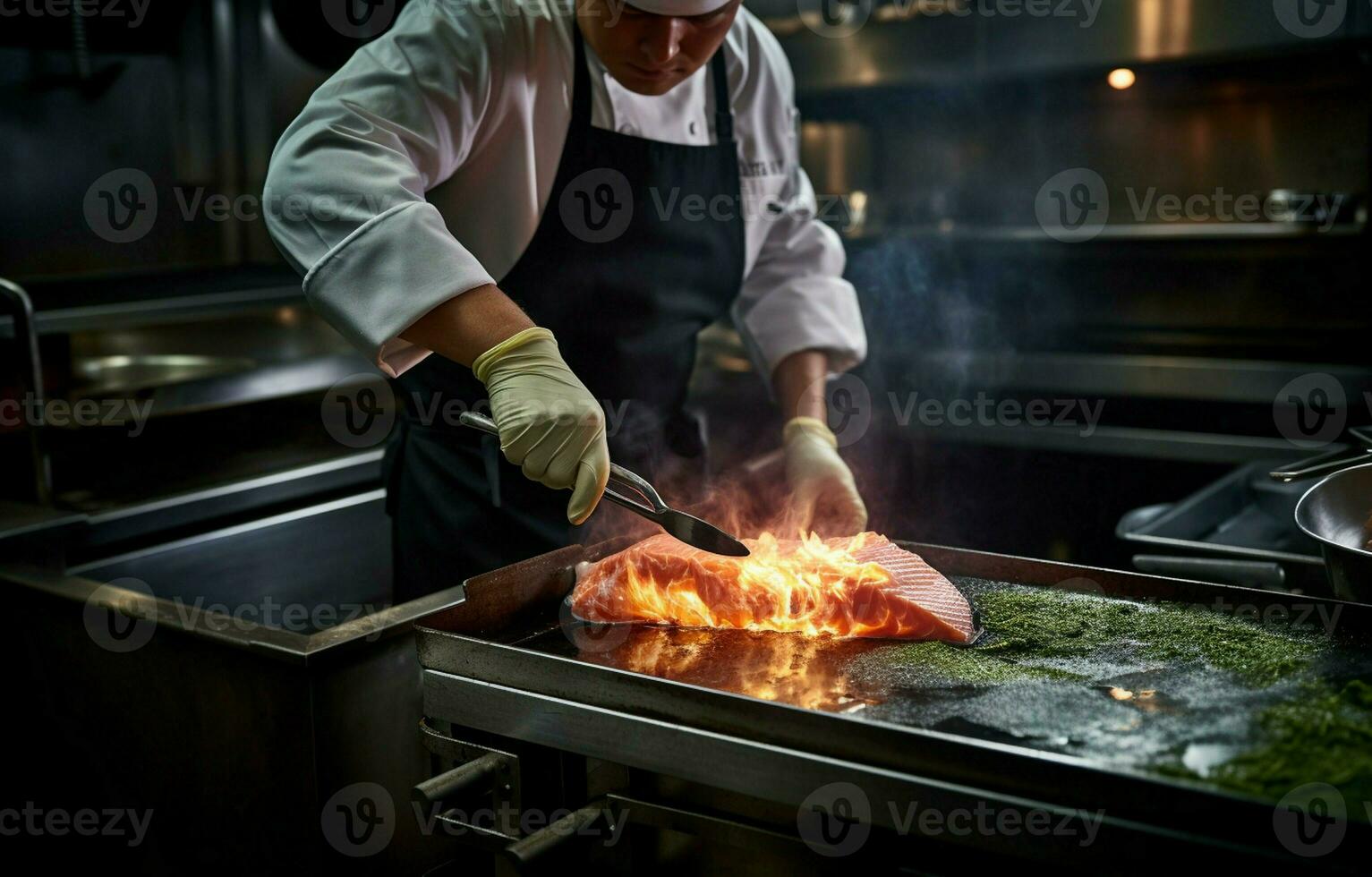 In the open kitchen of the restaurant, a skilled chef is preparing a delicious flambeed salmon filet. photo