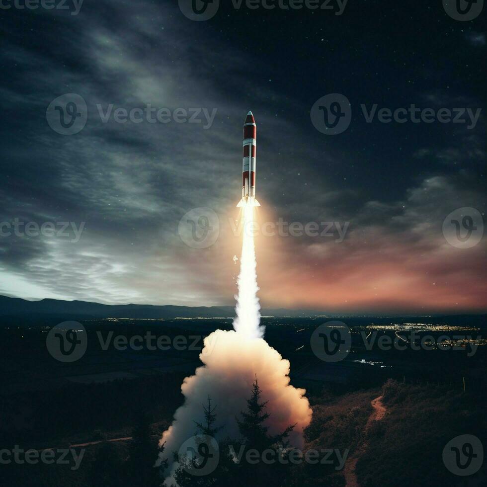 A space rocket is launched into the night sky. photo