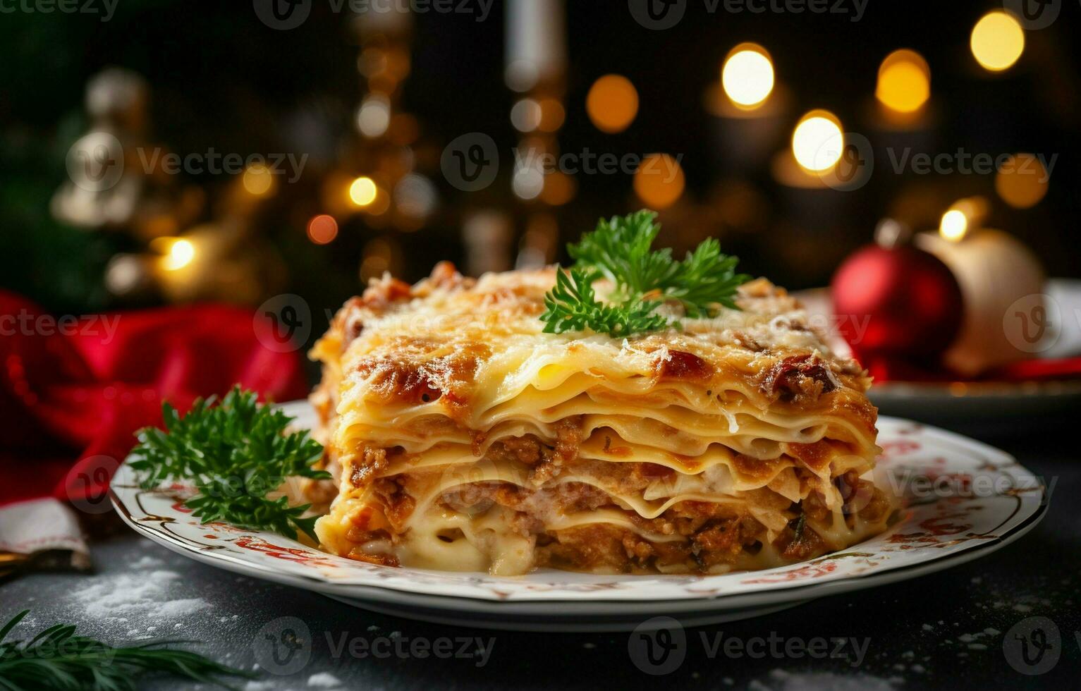 Close-up of a delicious hot lasagna with Christmas decor on a light background. It's a traditional Italian dish made with homemade pasta. photo