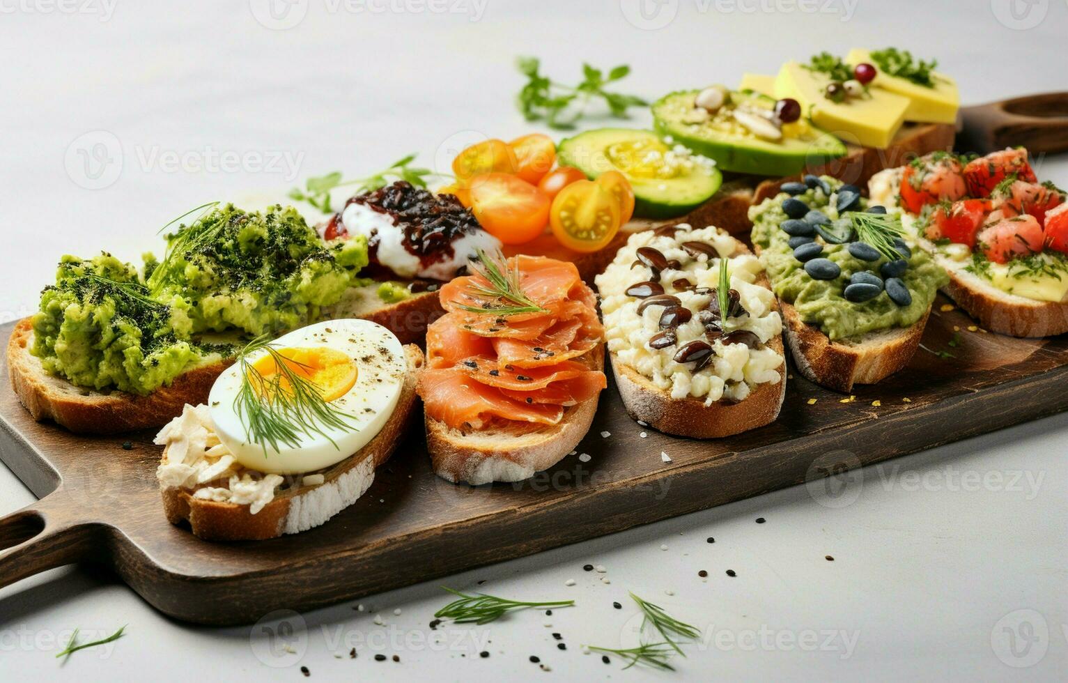 Enjoy a healthy protein toast topped with avocado, salmon, eggs, vegetables, tomatoes, herbs, pine nuts, sunflower seeds, and cream cheese, all on a bed of marble. photo