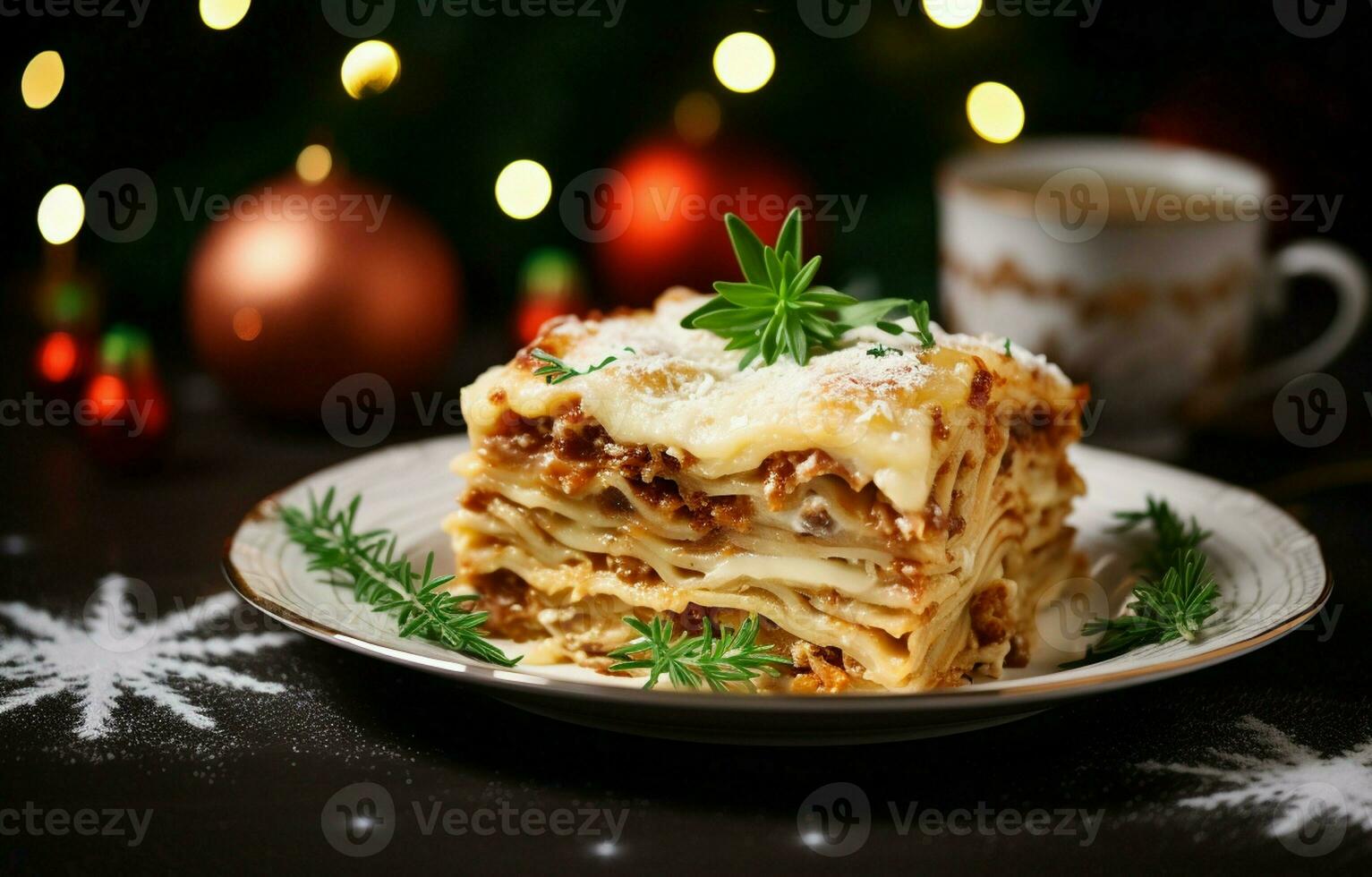 Close-up of a delicious hot lasagna with Christmas decor on a light background. It's a traditional Italian dish made with homemade pasta. photo