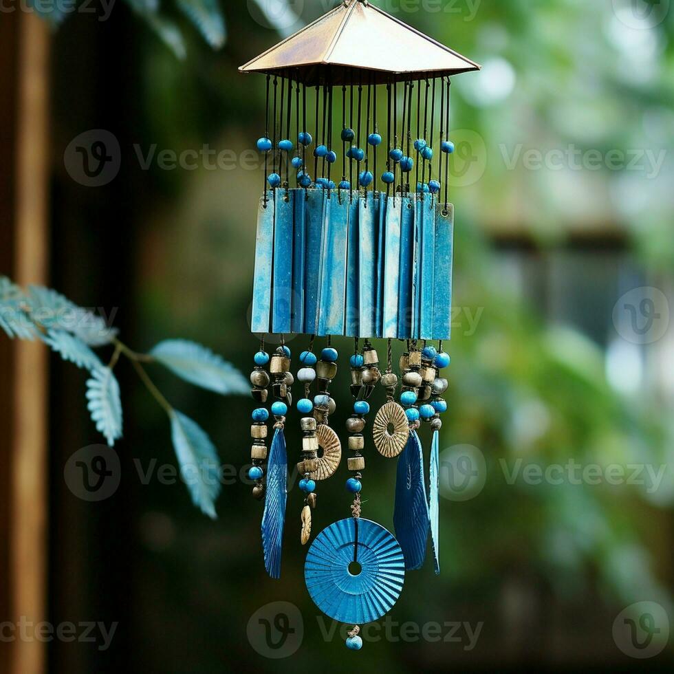 Pleasing blue wind chime hanging from roof Generative AI photo