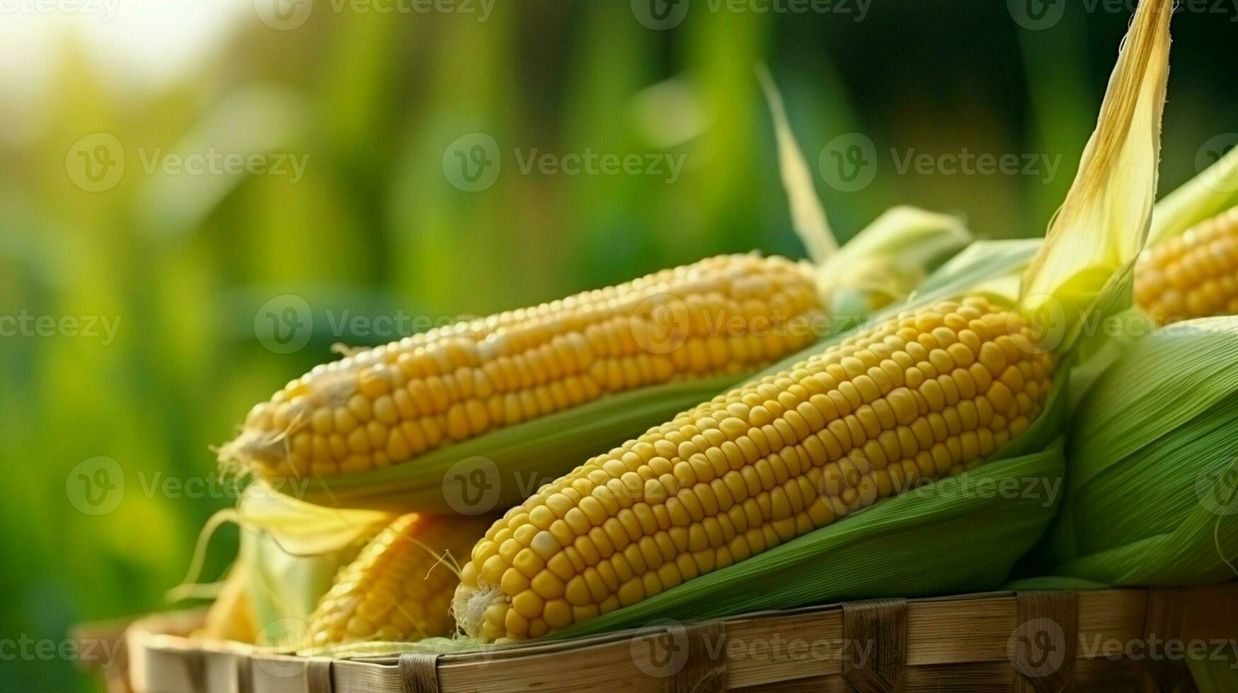 Ears of ripe corn in a basket on a background of green grass. Close-up shot. Concept of agriculture and production of natural eco-products. photo