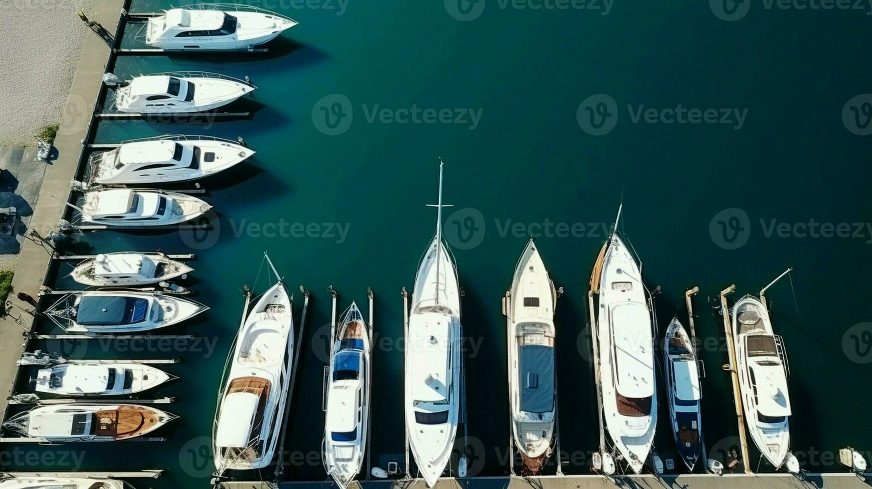 A top-down aerial view of sailboats and yachts docked at the yacht club. photo