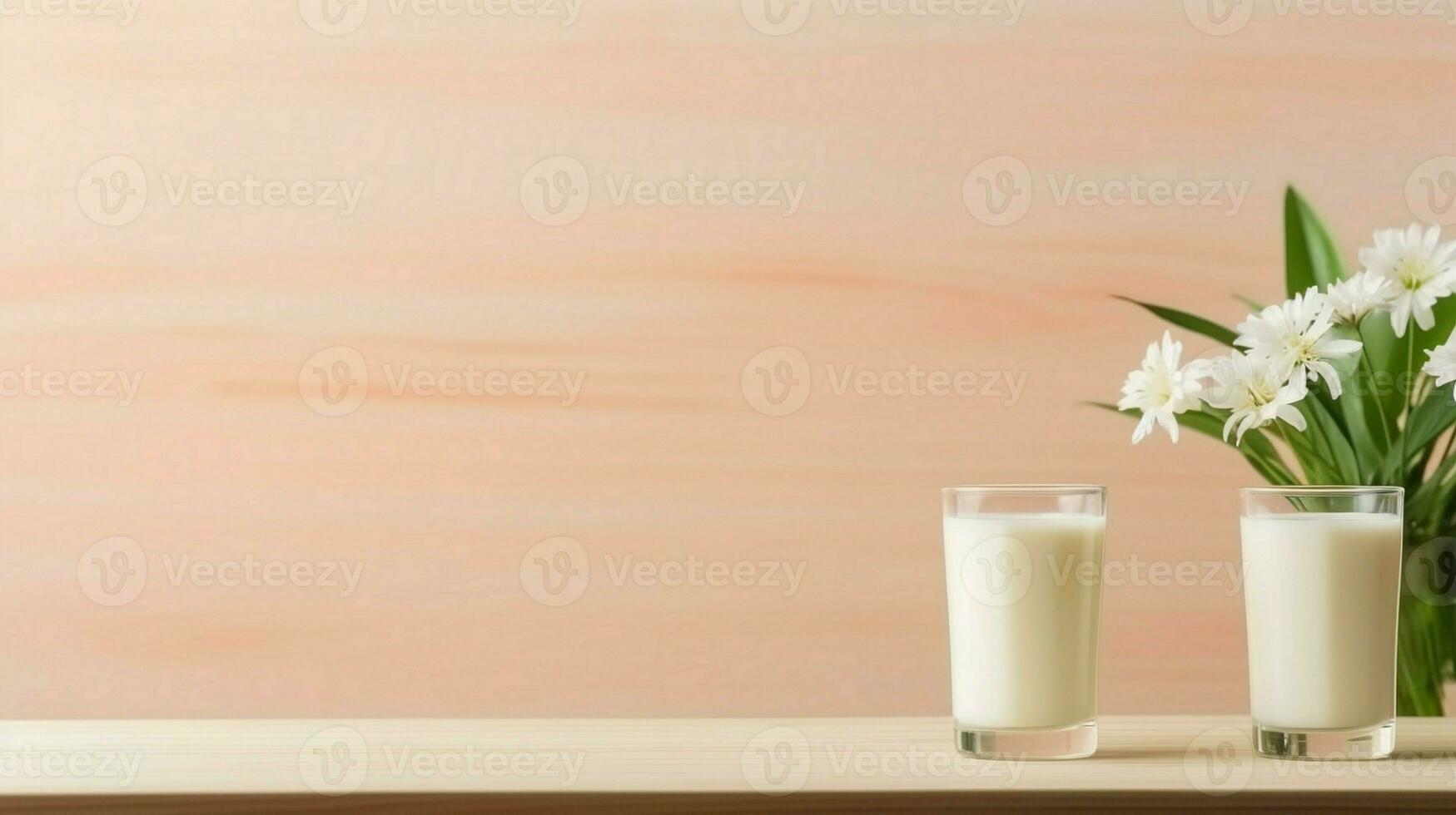Two glass of milk with flower on a wooden table in a pink background, nutritious and healthy dairy products concept. photo