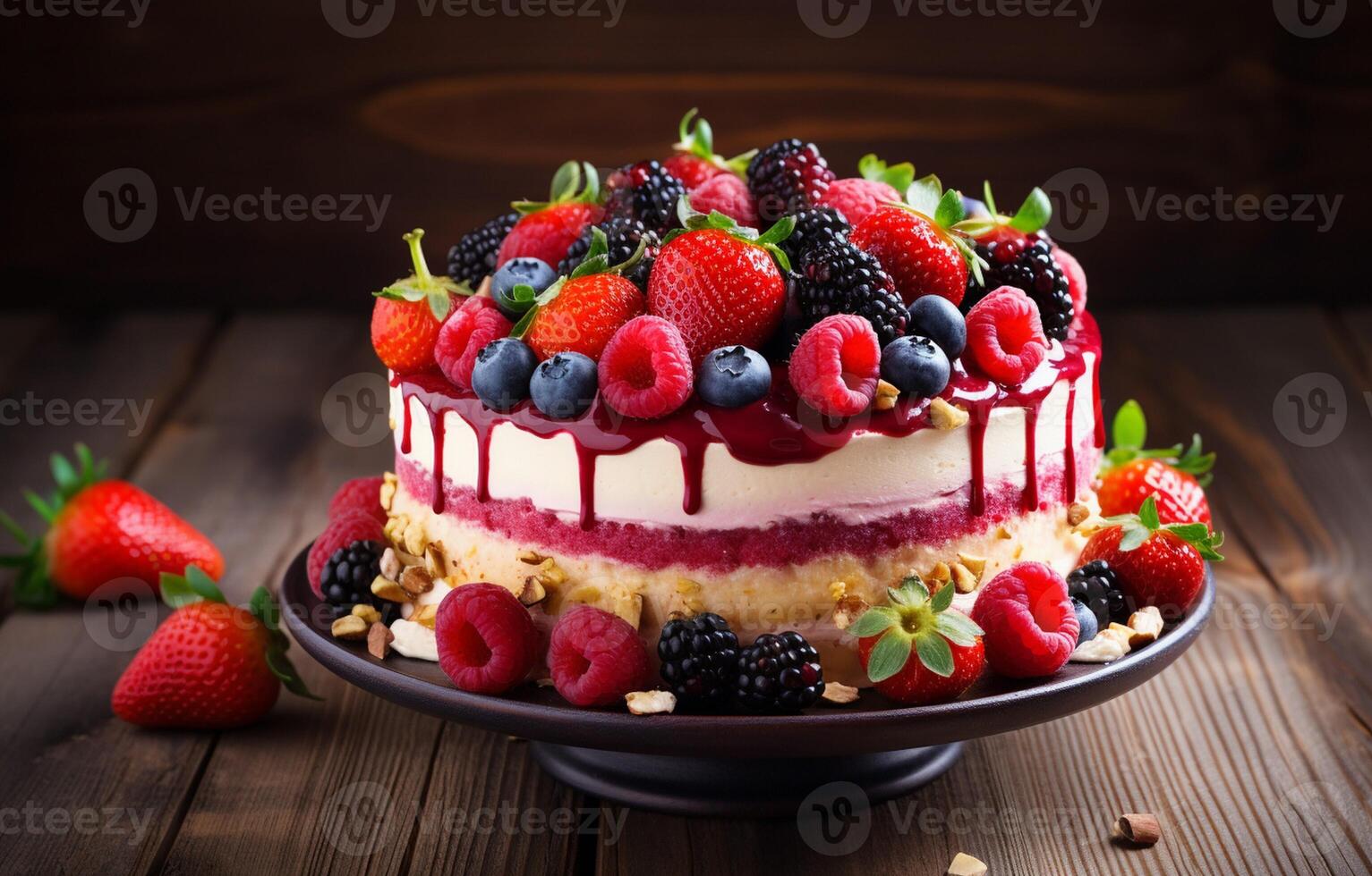 Delicious raspberry cake with fresh strawberries, raspberries, blueberries, currants, and pistachios on wooden background photo