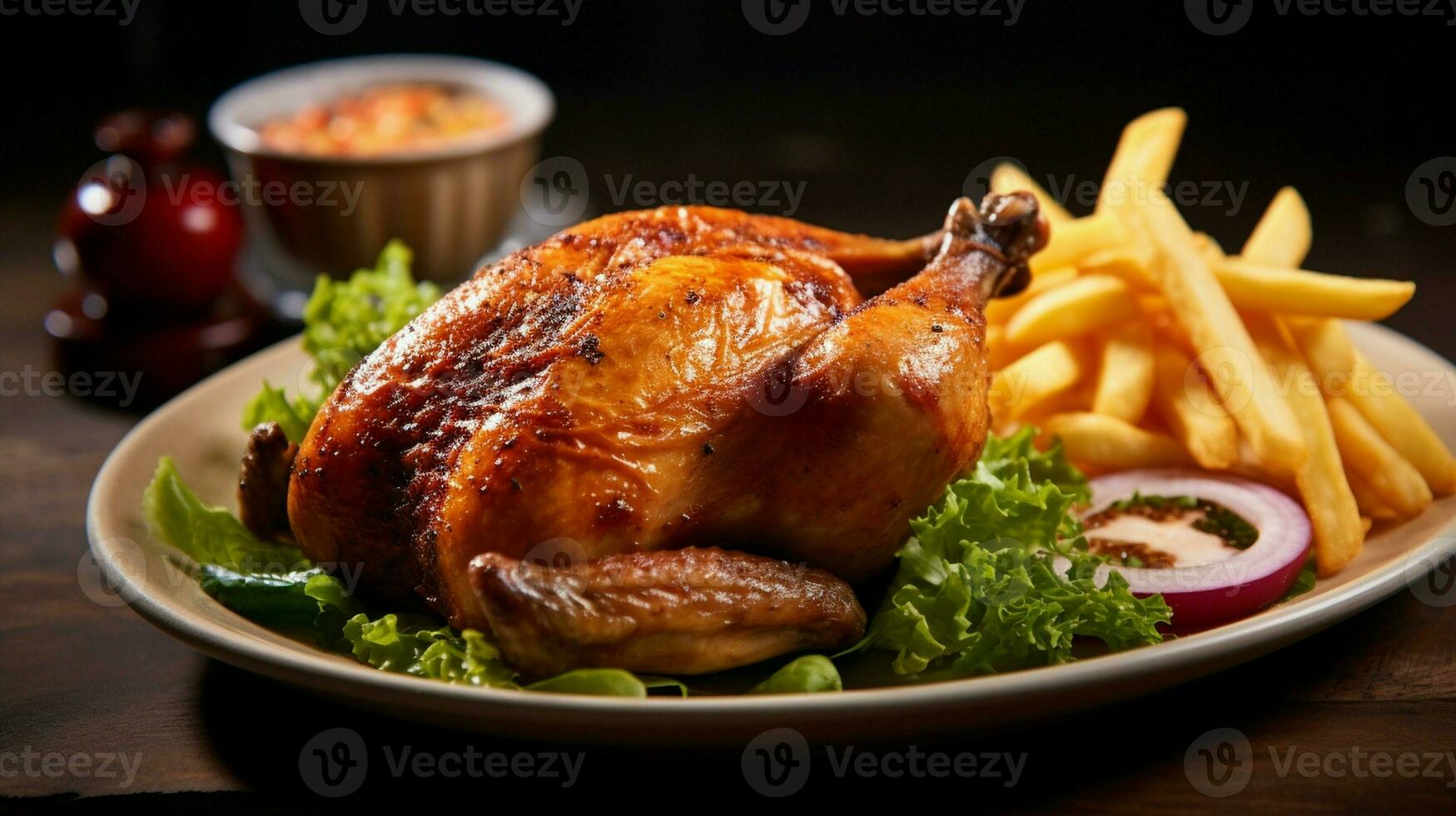 Roasted half chicken with crispy golden brown skin served with fresh salad and french fries. photo