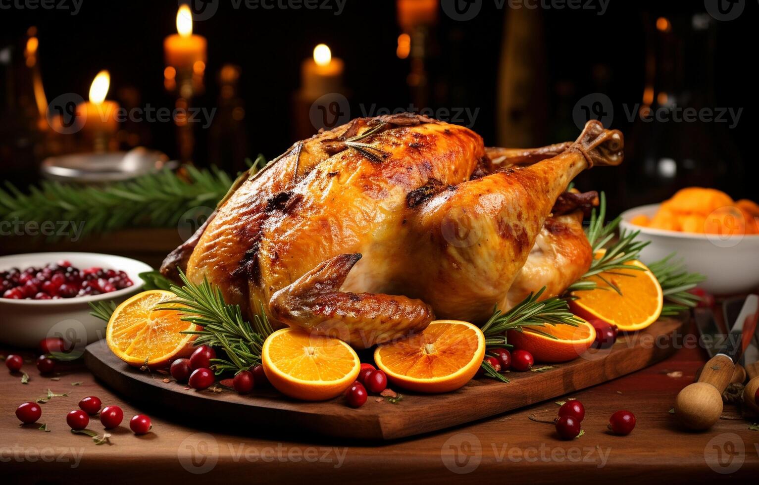 Christmas family dinner. chicken with herbs, oranges photo