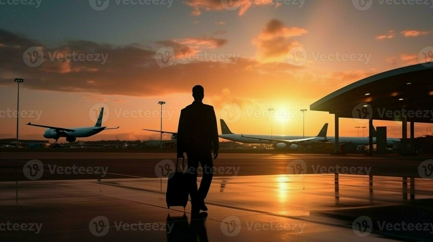 un silueta de un empresario que lleva un bolso mientras caminando en un aeronave estacionamiento zona durante puesta de sol. foto