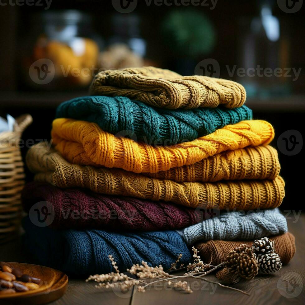 tack of knitted textured clothing on table.Colorful winter clothes,warm apparel.Heap of knitwear. high sweater, cap hand knitted mountain waiting to be washed wool socks folded cotton photo