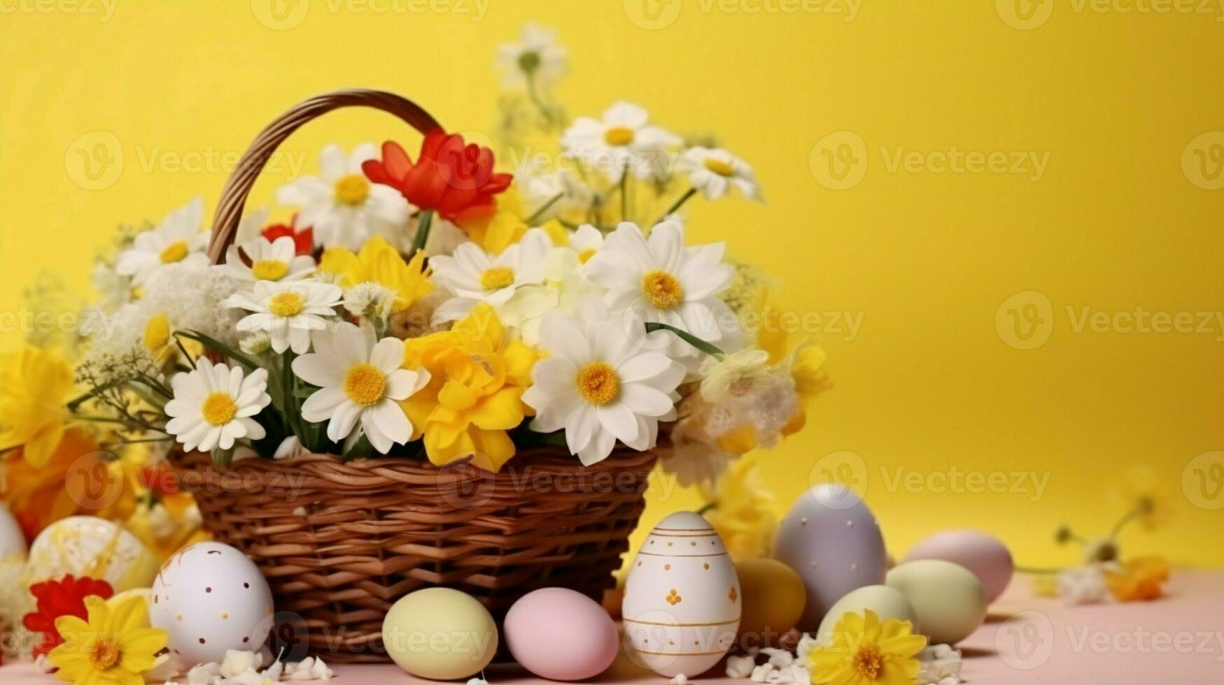 Easter Eggs and spring flowers in a basket on a table over yellow background. Excellent Rotation Beautiful colorful eggs decorated and painted. photo