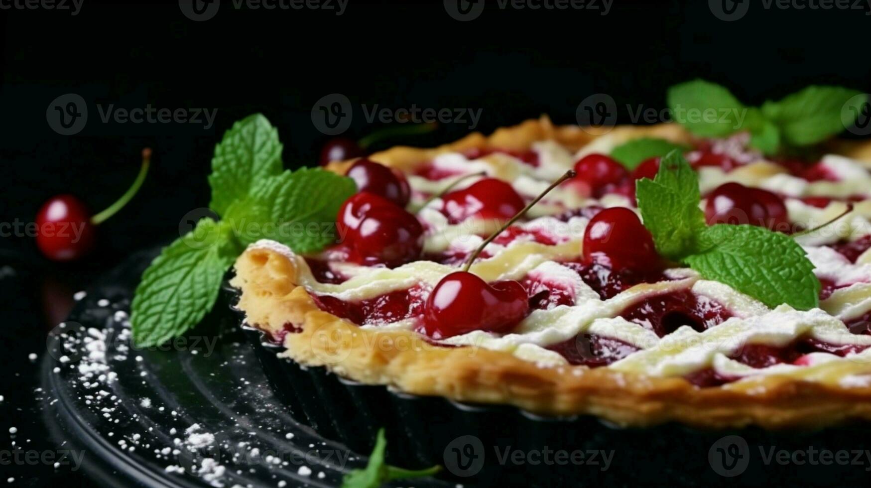 Tasty homemade pie with ripe juicy cherry and mint leaves rotating on black background. photo