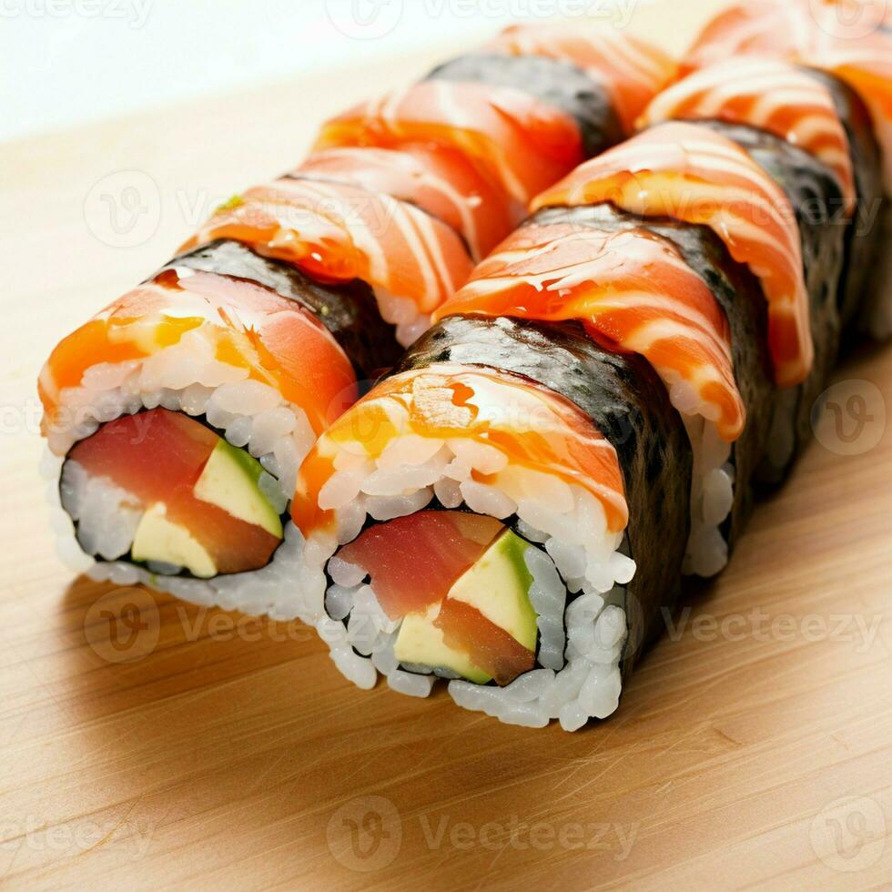 Japanese Awesome food Sushi Roll Maki of Salmon and avocado. photo