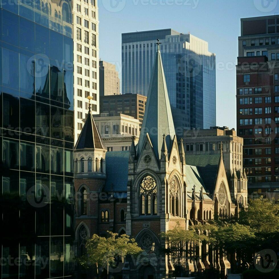 Backwards reveal Trinity Church and administrative or office buildings in the city center. photo