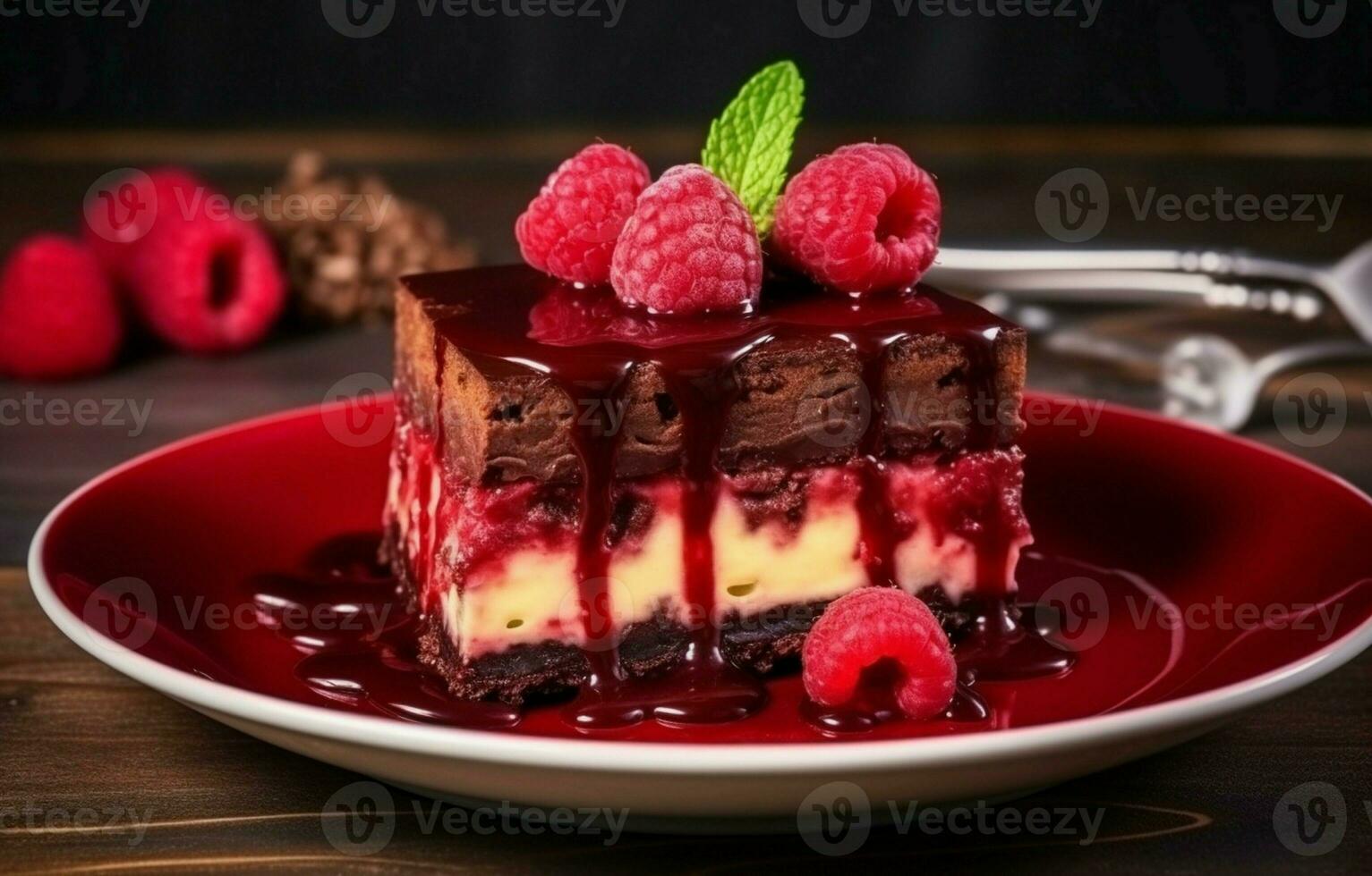 Cheesecake brownies with raspberry stacked on a plate. Melting chocolate. Piece of cake. Brownie dessert. Cherry and raspberry. Valentine's day. Women's Day. Spring dessert. photo