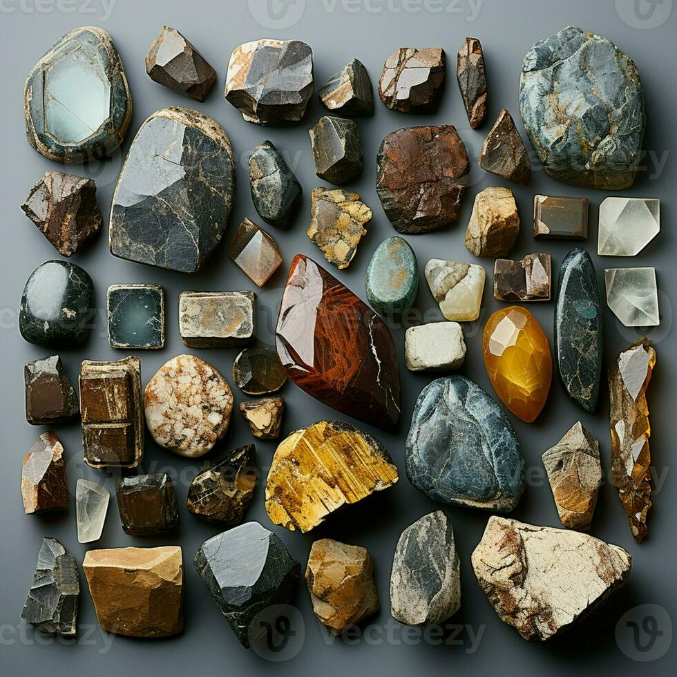 gold, silver, rough diamonds, bauxite, hematite, pyrolusite, galena, pyrite, chromite, lepidolite, and chalcopyrite. Collection of stones extracted in Brazil, mineralogy. photo