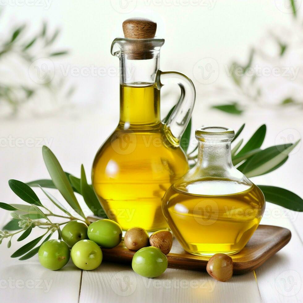 There is a bottle of olive oil that is isolated on a white background. photo