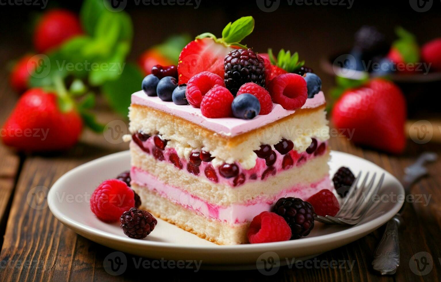 Delicious raspberry cake with fresh strawberries, raspberries, blueberries, currants, and pistachios on wooden background Generative AI photo