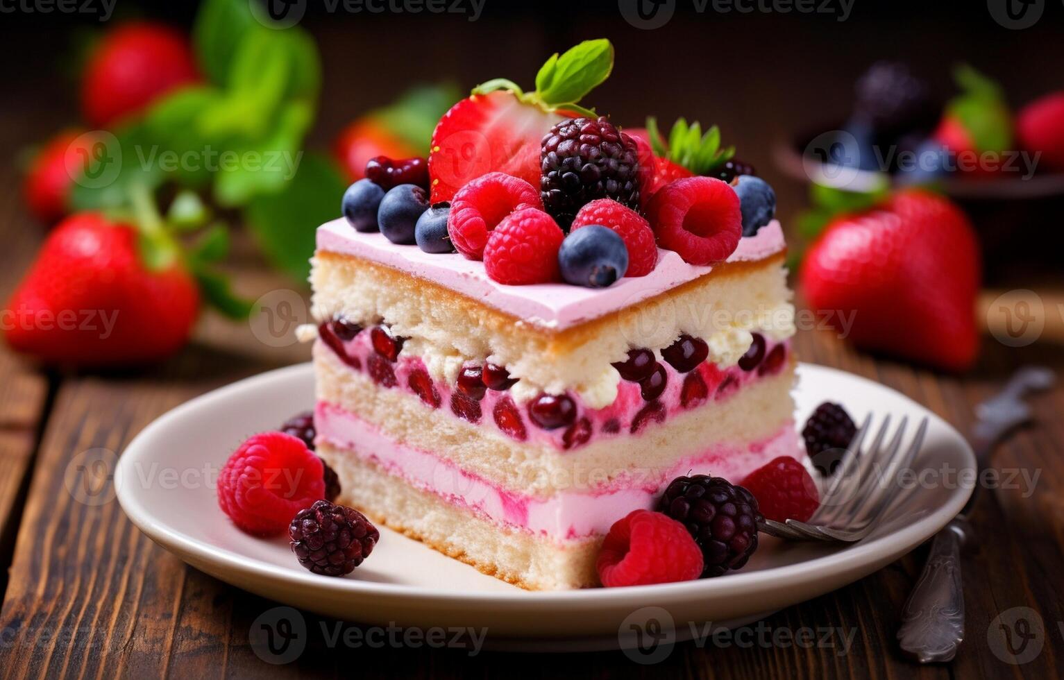 Delicious raspberry cake with fresh strawberries, raspberries, blueberries, currants, and pistachios on wooden background photo
