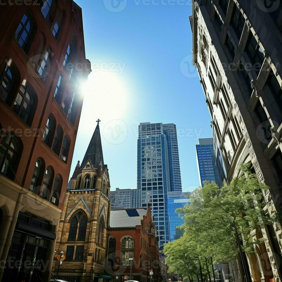 Backwards reveal Trinity Church and administrative or office buildings in the city center. photo