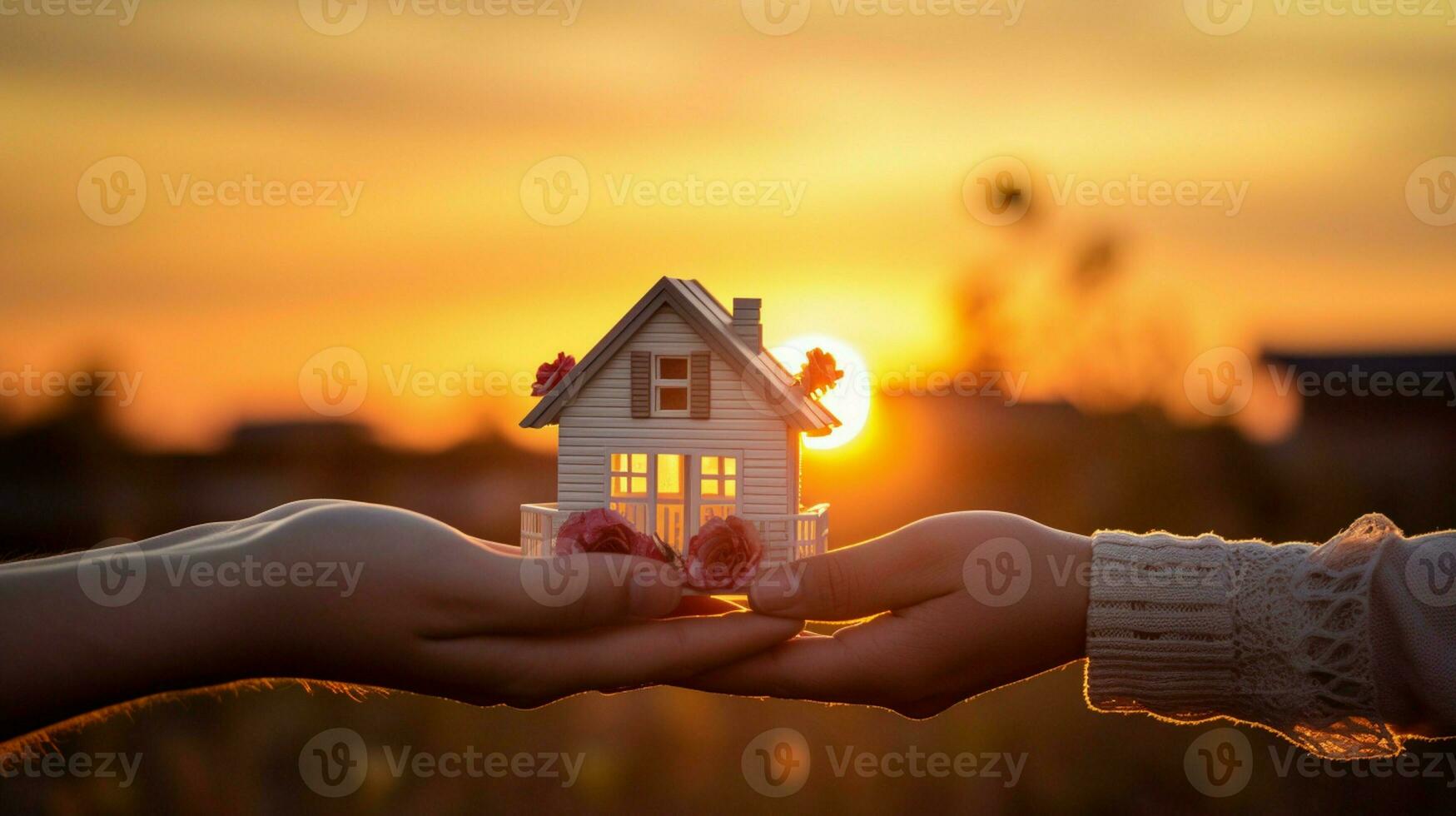 Men and women are holding a paper house against a sunset background. photo