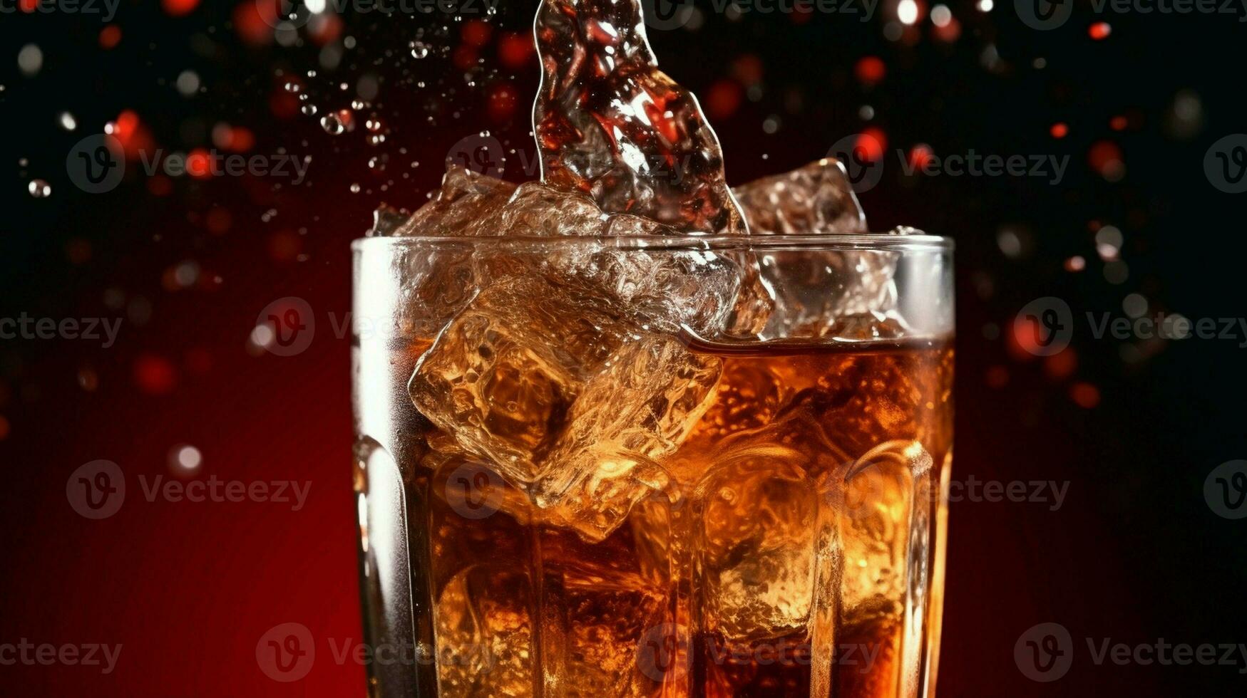 Inside a glass of  Cola, ice cubes bubble as the refreshing drink pours in. photo