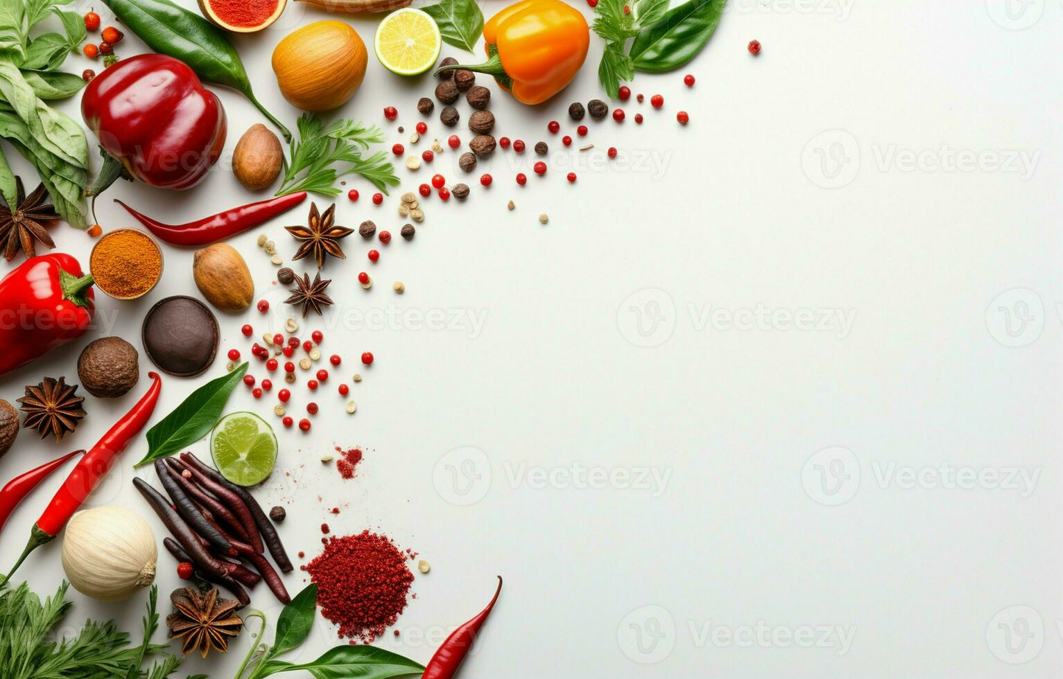 Flying set of colorful spices peppers, chili, garlic, laurel leaf, and herbs in the air isolated on a white background. top view, with copy space. photo