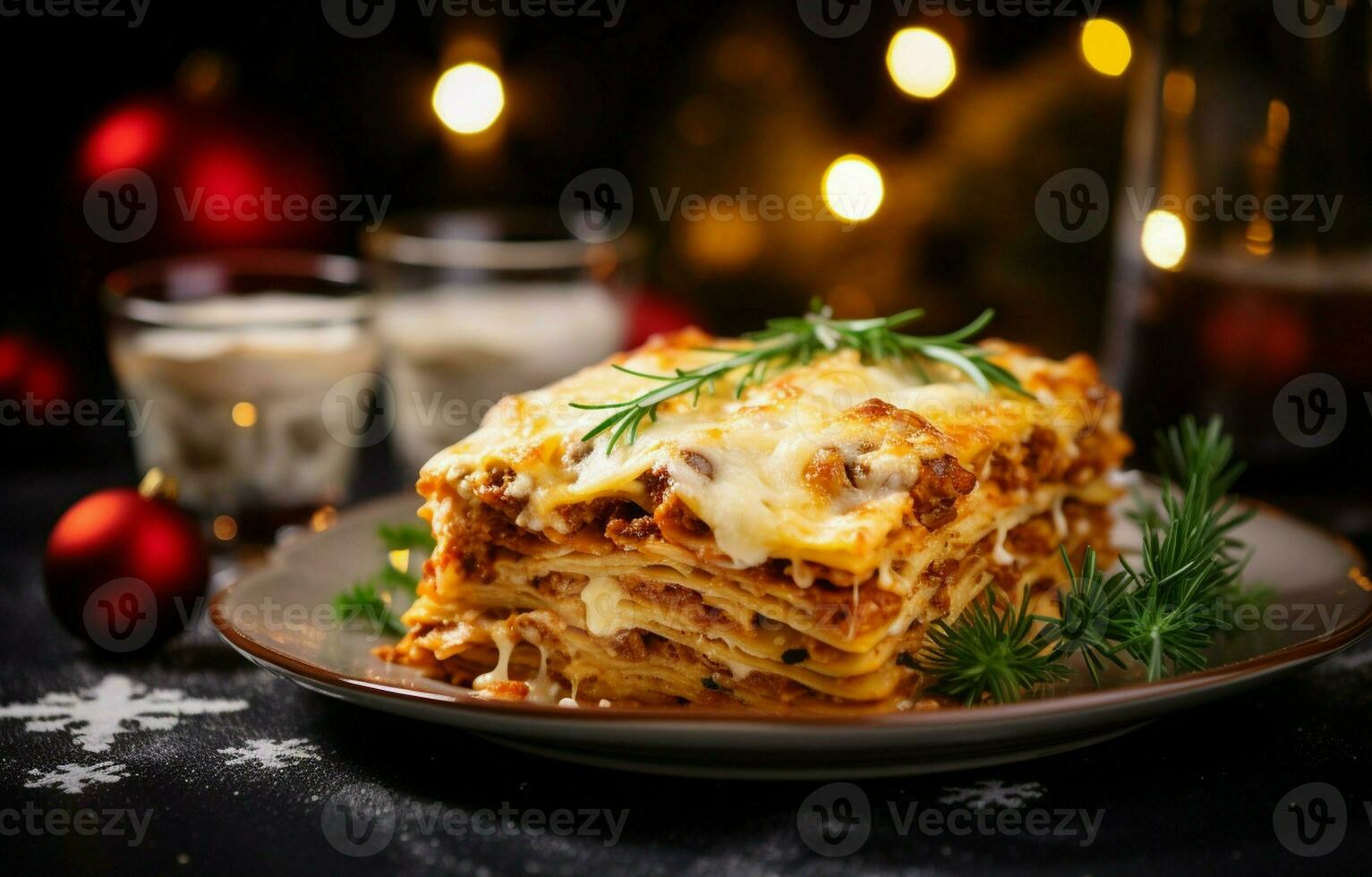 Close-up of a delicious hot lasagna with Christmas decor on a light background. It's a traditional Italian dish made with homemade pasta. photo