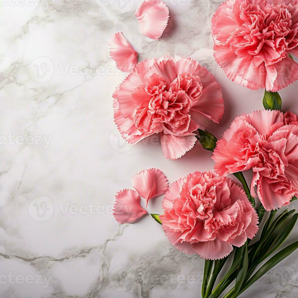Carnations are beautiful flowers set against a marble background. photo