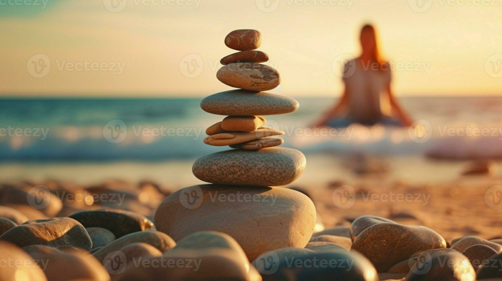 On a sunny day with clear skies at sunset, a woman balances pebbles to form a pyramid on the beach with a blue sea in the background. photo